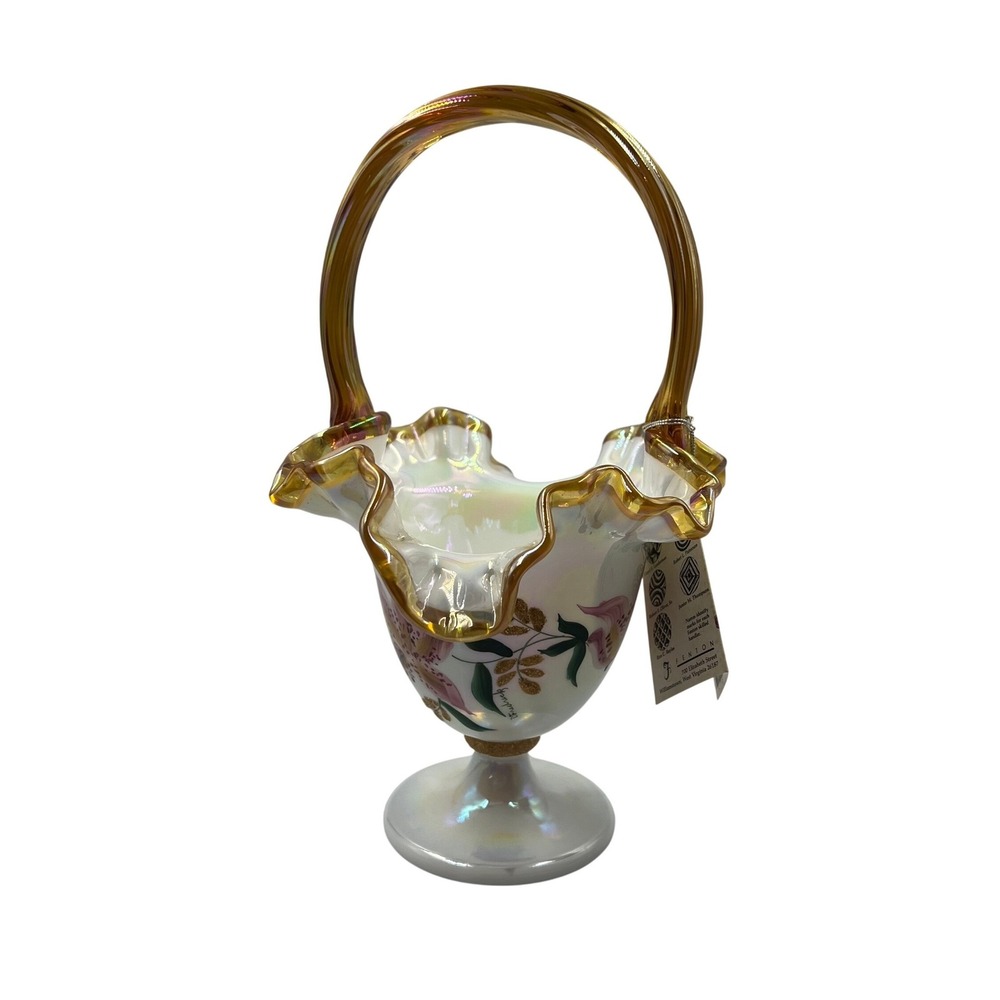 Bill‎ Fenton 50th Anniversary Autumn Gold Crest Iridescent Milk Glass Art Basket